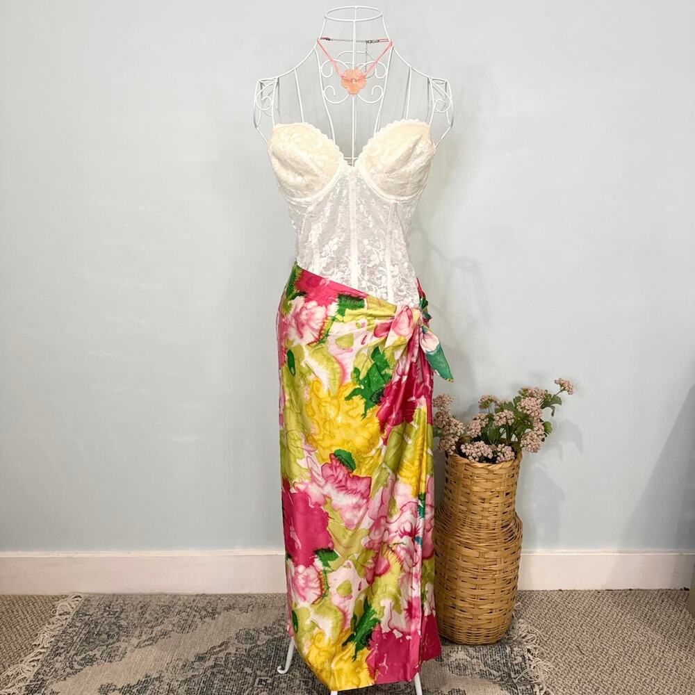 Stunning vintage Italian pink and green floral silky slip skirt